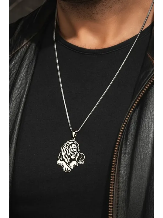 Erkek Gümüş Kolye - Aslan Model 925 Ayar Gümüş Erkek Kolye