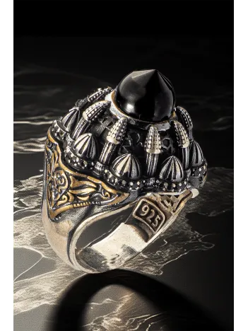 Erkek İslam Usta Tasarımı Siyah Kubbe Dini Temalı Gümüş Yüzük