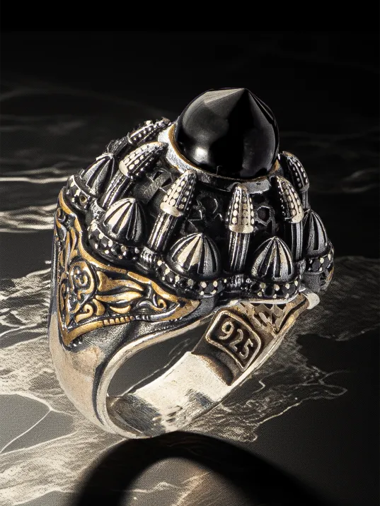 Erkek İslam Usta Tasarımı Siyah Kubbe Dini Temalı Gümüş Yüzük