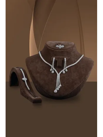 İlyada Bayan Zirkon Taşlı Gümüş Su Yolu Set - Kolye, Bileklik, Küpe, Yüzük