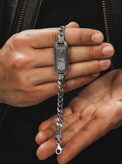 Erkek Gümüş Bileklik - Çift Selçuklu Kartalı İşlemeli Oksitli Gurmet Model 925 Ayar Erkek Bileklik