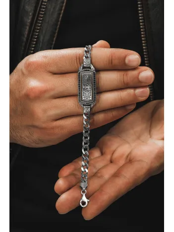 Erkek Gümüş Bileklik - Çift Selçuklu Kartalı İşlemeli Oksitli Gurmet Model 925 Ayar Erkek Bileklik