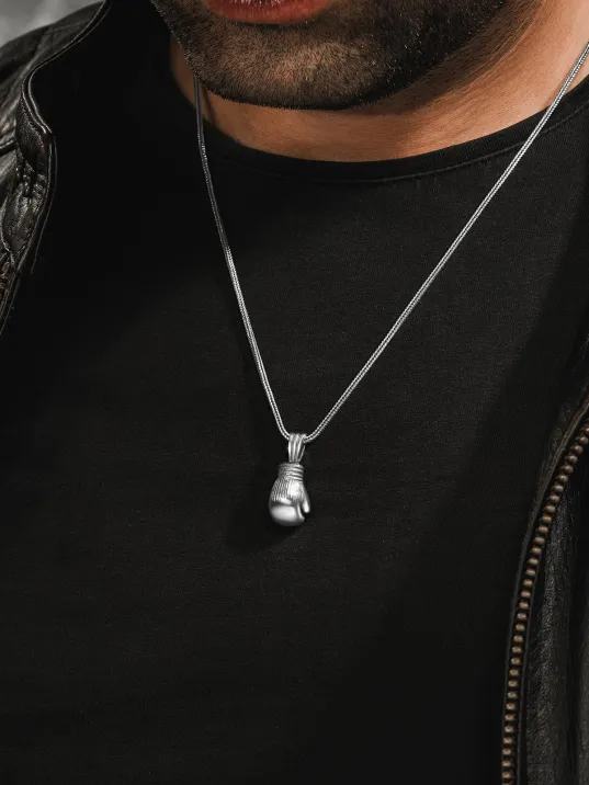 Erkek Gümüş Kolye - Tek Boks Eldiveni Tilki Kuyruğu Zincir Erkek Kolye