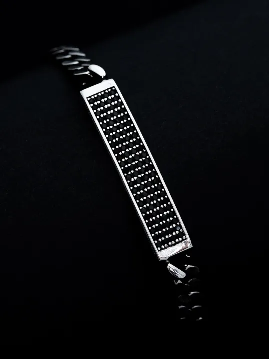 Erkek Gümüş Bileklik -Taç Mahal Oksitli Gurmet Zincir Siyah Zirkon Taşlı Gümüş Bileklik