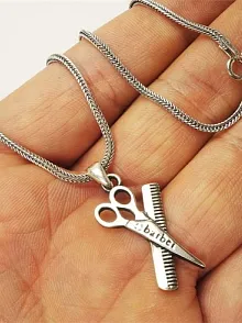 Berber Ve Kuaförlere Özel Makas Tarak Erkek Gümüş Kolye Zincir