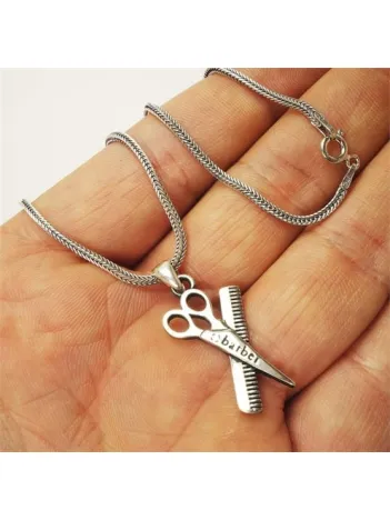 Berber Ve Kuaförlere Özel Makas Tarak Erkek Gümüş Kolye Zincir