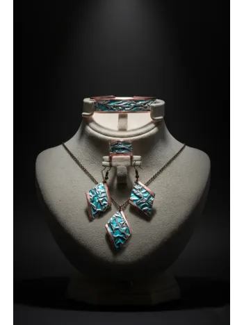 Kadın Bakır Set - Turkuaz Okyanus Fısıltısı Model Bakır Kadın Kolye Bileklik Yüzük Küpe Set