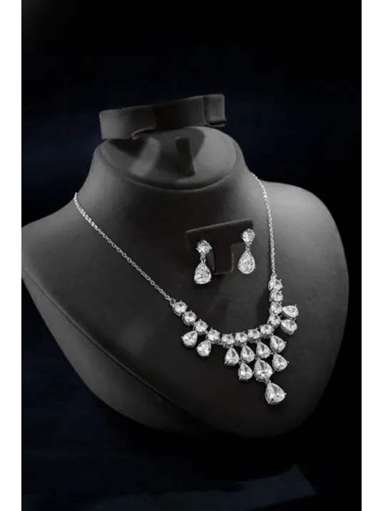 Kadın Bijuteri Kolye Küpe Set - Alegra Model Zirkon Taşlı Damla Motifli Zarif Su Yolu Set