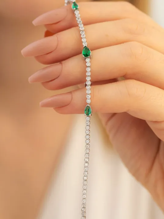 Lena Zümrüt Taşlı Su Yolu Bayan Gümüş Bileklik