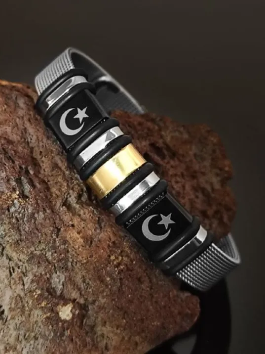 Siyah Çift Ay Yıldız Logo Kemer Modeli Erkek Çelik Bileklik CBLCIFTAYIZ-BYZ