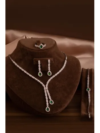 Kadın Gümüş Takı Seti - Peri Zümrüt Taşlı Damla Model Kolye, Bileklik, Yüzük, Küpe Tam Set