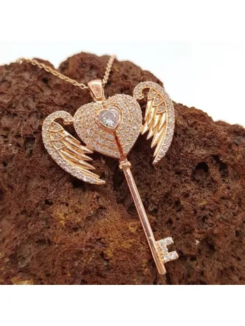 Zirkon Taşlı Melek Kanatlı İsimli Anahtar Bayan Gümüş Kolye
