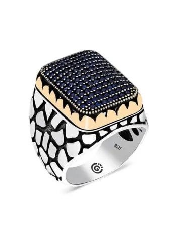 Rennes Lacivert Zirkon Taşlı Yanı İşlemeli Özel Seri Erkek Gümüş Yüzük