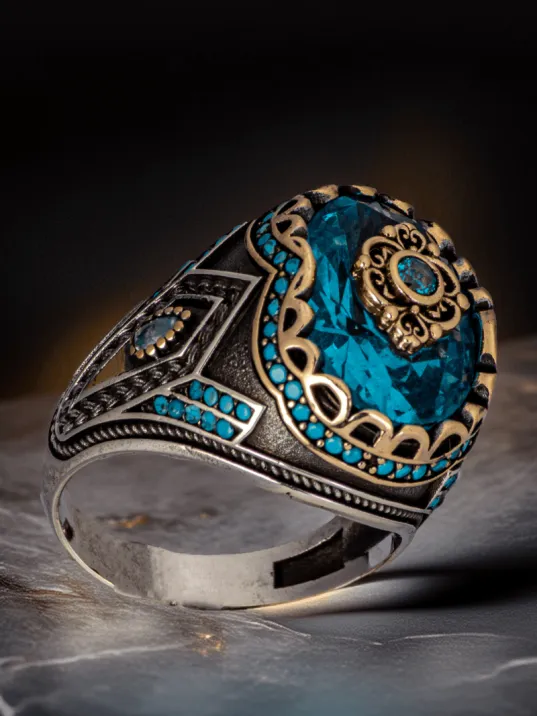 Erkek Mavi Zirkon Taşlı Sportif Model İnce Kibar 925 Ayar Gümüş Yüzük