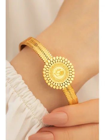 Kadın Bileklik - 22 Ayar Gerçek Altın Kaplama (KARARMAZ) Kadın Kelepçe Yaprak İşlemeli