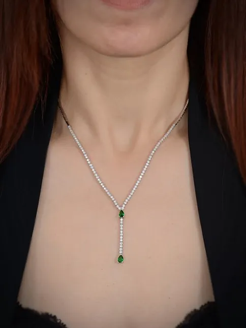Lena Bayan Zümrüt Taşlı Gümüş Su Yolu Set - Kolye, Bileklik, Küpe, Yüzük