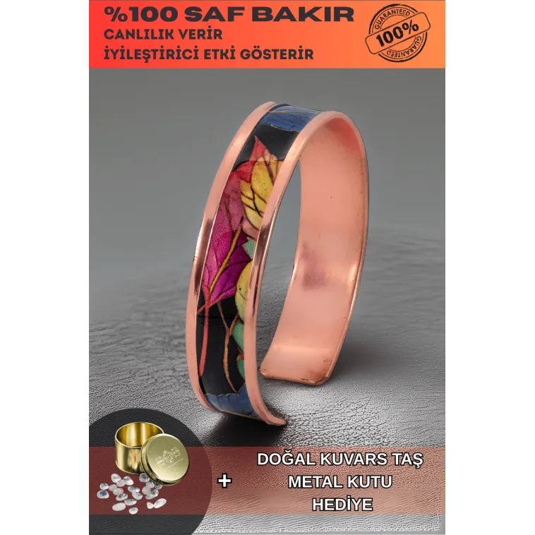 Kadın Bakır Bileklik - Elisa Model Özel Baskı Metal Kutu Ve Kuvars Taşı Kadın Bakır Bileklik - Elisa Model Özel Baskı Metal Kutu Ve Kuvars Taşı