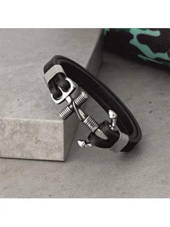 Unisex Çelik Ve Deri Bilekli Halat Çapa Figürlü