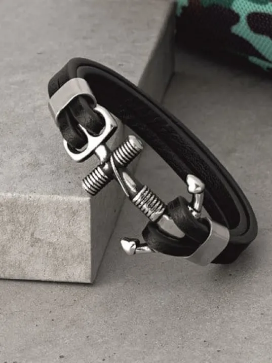 Unisex Çelik Ve Deri Bilekli Halat Çapa Figürlü Unisex Çelik Ve Deri Bilekli Halat Çapa Figürlü