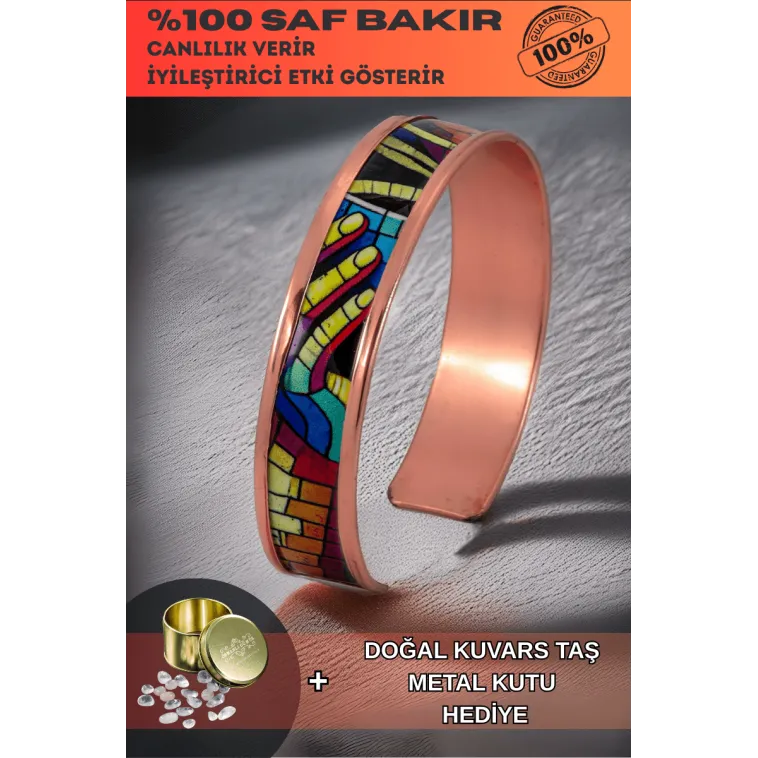 Kadın Bakır Bileklik - Nadia Model Özel Baskı Metal Kutu Ve Kuvars Taşı Kadın Bakır Bileklik - Nadia Model Özel Baskı Metal Kutu Ve Kuvars Taşı