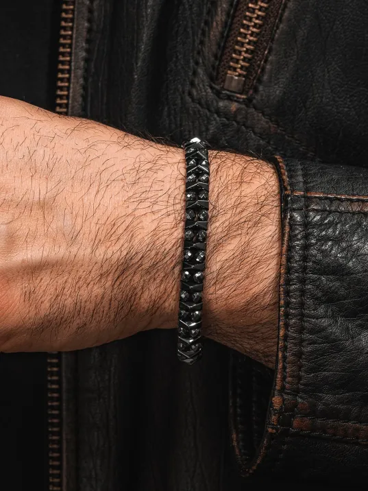 Erkek Kadın Doğal Taş Bileklik - Siyah Hematit Doğal Taşlı Makrome Yuvarlak Model Unisex Bileklik