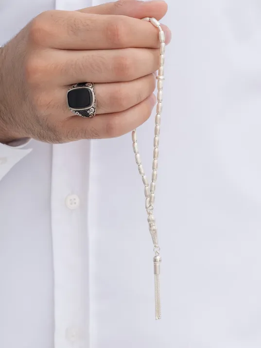 Gümüş Tespih Arpa Kesim Çizgili Büyük Boy 22 Gram