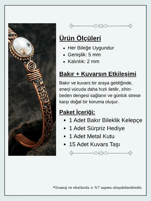 Bakır Kelepçe Bilezik Kristal Kuvars Doğal Taş Erkek Kadın Doğal Taşlı ve Metal Kutulu