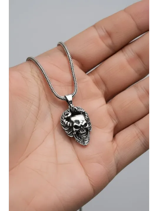 Erkek Gümüş Kolye - Boynuzlu Kuru Kafa Model Gümüş Kolye