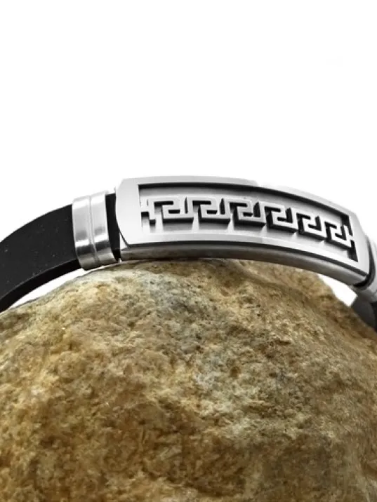 Gri Büyük Grek Desen Kauçuk Çelik Erkek Bileklik DBLGRIBGREK-SYH