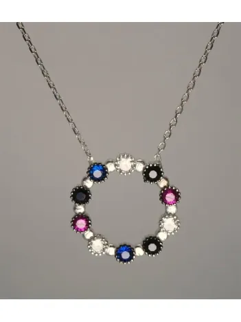 Yuvarlak Renkli Taşlarla Bezeli Bayan Gümüş Kolye Orta Boy