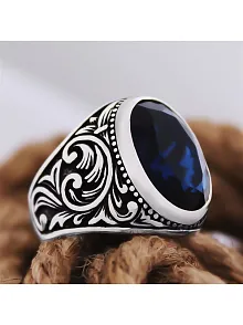 Lacivert Safir Taşlı Yanı İşlemeli Özel Seri Erkek Gümüş Yüzük