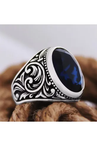 Lacivert Safir Taşlı Yanı İşlemeli Özel Seri Erkek Gümüş Yüzük