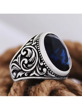 Lacivert Safir Taşlı Yanı İşlemeli Özel Seri Erkek Gümüş Yüzük