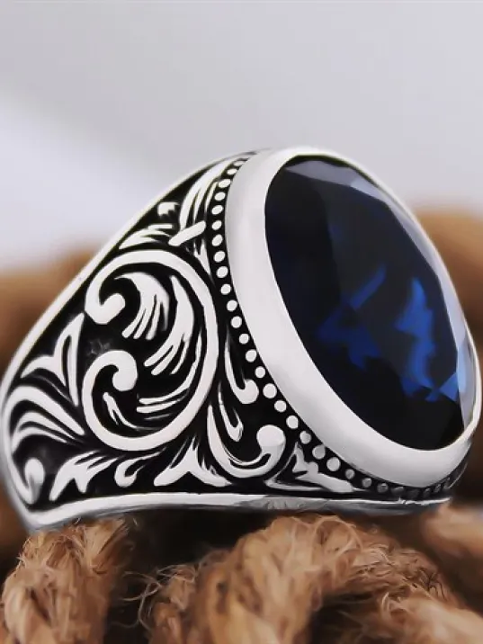 Lacivert Safir Taşlı Yanı İşlemeli Özel Seri Erkek Gümüş Yüzük