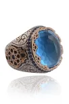 Blue Topaz Aqua Marin Taşlı Yanı İşlemeli Erkek Gümüş Yüzük Blue Topaz Aqua Marin Taşlı Yanı İşlemeli Erkek Gümüş Yüzük