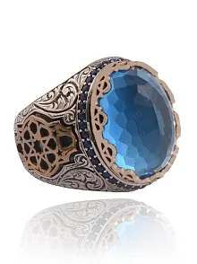 Blue Topaz Aqua Marin Taşlı Yanı İşlemeli Erkek Gümüş Yüzük