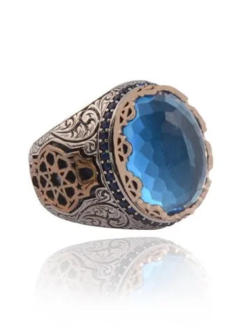 Blue Topaz Aqua Marin Taşlı Yanı İşlemeli Erkek Gümüş Yüzük
