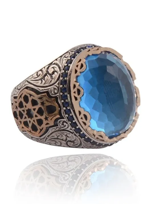 Blue Topaz Aqua Marin Taşlı Yanı İşlemeli Erkek Gümüş Yüzük