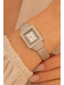 Kadın Gümüş Saat - Gelin Saati - Zirkon Taşlı 925 Ayar Gümüş Kadın Saat Kare Model