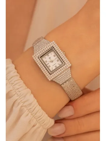 Kadın Gümüş Saat - Gelin Saati - Zirkon Taşlı 925 Ayar Gümüş Kadın Saat Kare Model