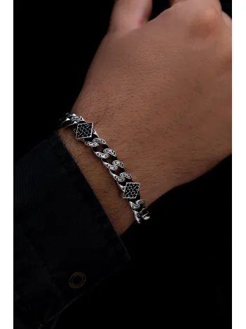 Erkek Gümüş Bileklik - Zirkon Taşlı Geometrik Şekilli Oksitli Gurmet Zinciri Model 4 Gümüş Bileklik