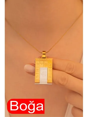 Kadın Çelik Kolye - Çelik Dikdörtgen Model Burç İşlemeli Kadın Kolye