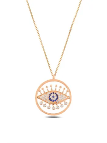 Zirkon Taşlı Rose Yuvarlak Nazarlıklı Göz Model Gümüş Kadın Kolye GKLGOZMODL4-ROS