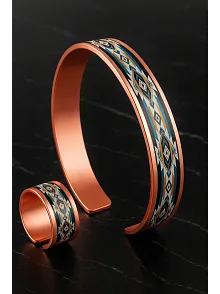 Kadın Bakır Bileklik Yüzük Set - Nikita Model Özel Baskı Metal Kutu Ve Kuvars Taşı