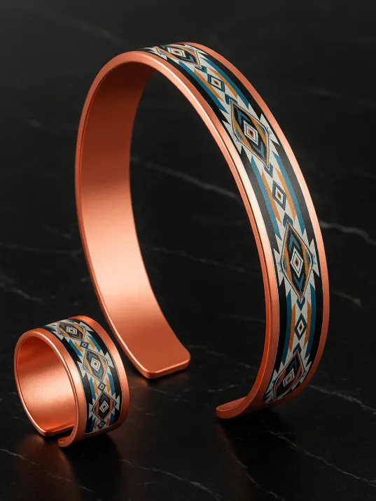 Kadın Bakır Bileklik Yüzük Set - Nikita Model Özel Baskı Metal Kutu Ve Kuvars Taşı