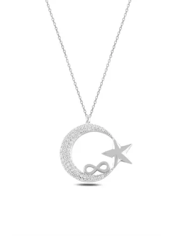 Zirkon Taşlı Sonsuzluklu Ay Yıldız Model Kadın Gümüş Kolye GKLAYYLDZM8-ROS