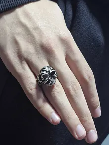 Erkek Gümüş Yüzük - 925 Ayar Gümüş Kuru Kafa Model Gotik Tarz Erkek Yüzük