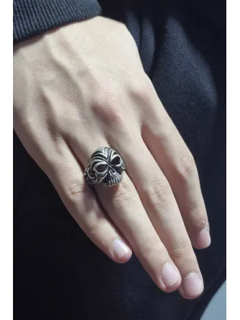 Erkek Gümüş Yüzük - 925 Ayar Gümüş Kuru Kafa Model Gotik Tarz Erkek Yüzük