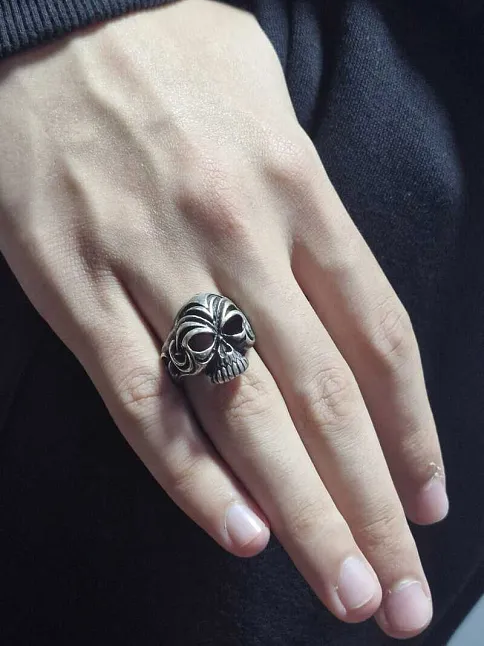 Erkek Gümüş Yüzük - 925 Ayar Gümüş Kuru Kafa Model Gotik Tarz Erkek Yüzük
