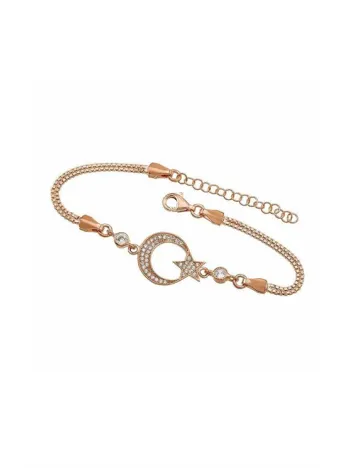 Ay Yıldız Bayan Gümüş Bileklik Zirkon Taşlı Rose